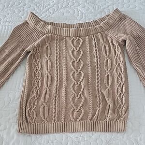 Off-Shoulder Cable Knit Sweater - Beige